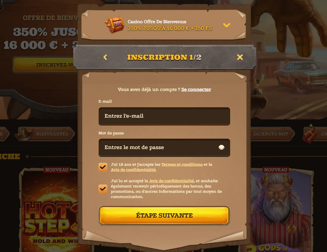 Lizaro Casino formulaire d'inscription avec e-mail, mot de passe et bonus de bienvenue de 350 % jusqu'à 16 000 € + 350 tours gratuits